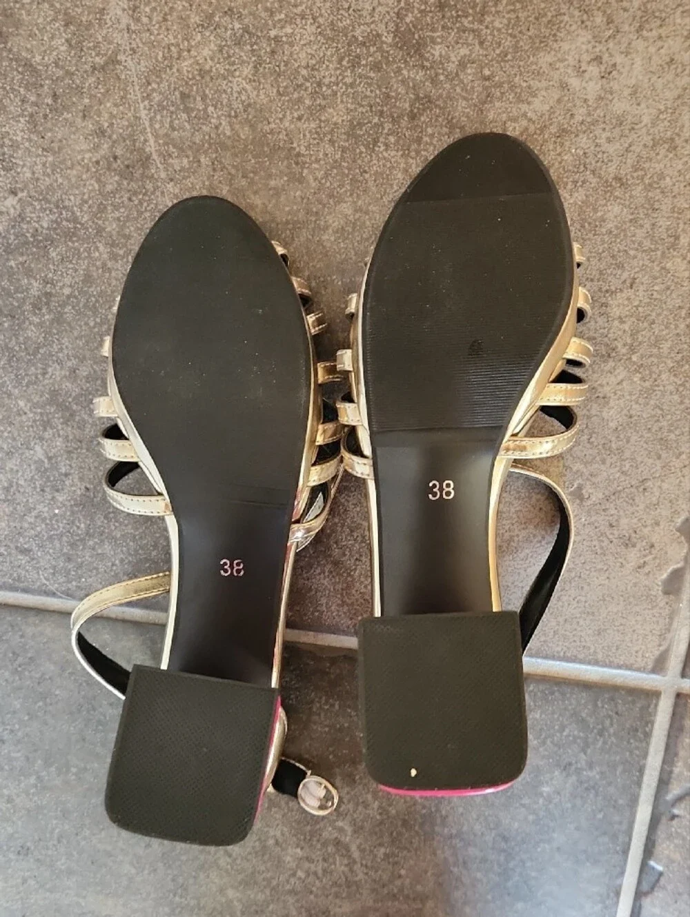 Metallic Gold Strappy Heels with Pink Block Heel